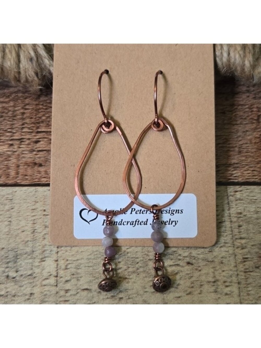 NEW Amalie Peters Handmade Copper Loop Hammered Wire Beaded Drop Earrings
